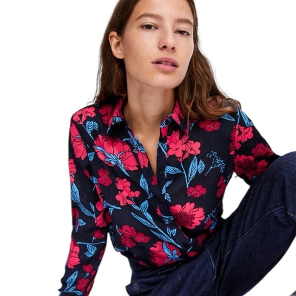 Zara Tops - Zara Black Button-Down Floral Shirt with red & Blue Blooms